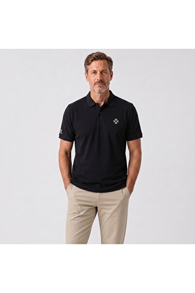casme Men's Black Knitted Polo Short Sleeve Casual Shirt