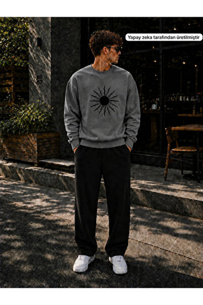 caddekombin Men's Abstract Sun Printed Crew Neck Regular Fit Men's Tracksuit ...