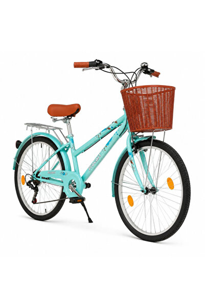 PROCART Bicicletă de damă, 24 inch, 6 viteze, coș detașabil, portbagaj, frână...