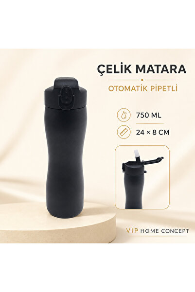 Vip Home Concept Steel Water Bottle with Automatic Straw 750 ml Black Water B...