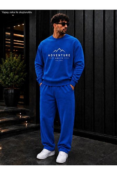 caddekombin Men's Adventure Await Mountain Patterned Typography Printed Crew ...