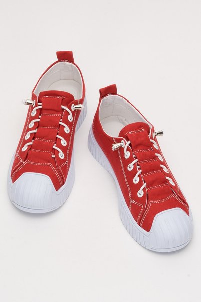 Jagulep Women's Easy-To-Wear Rubber Laced Sports Linen Sneaker Shoes Red