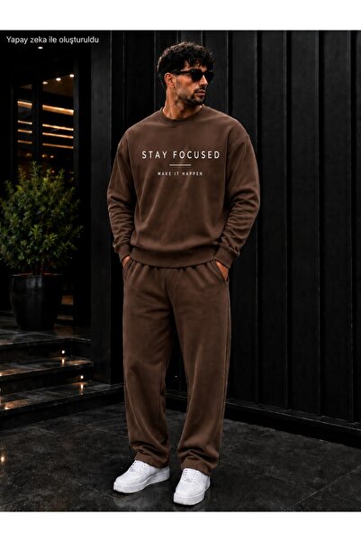 caddekombin Men's Stay Focused Make It Happen Typography Printed Crew Neck Re...