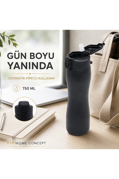 Vip Home Concept Market Ürünleri Steel Water Bottle with Automatic Straw 750 ml Black Water Bottle for Sports and Daily Use