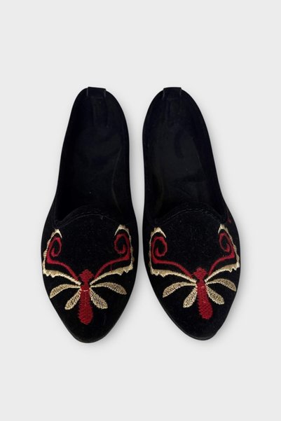 Jagulep Embroidery Detailed Home Women's Ballerina Shoes Black - Red