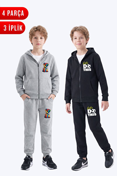 FYK KİDS 3 Thread Printed Boys' Zippered Hooded 2-Piece Tracksuit Set 4 Pieces