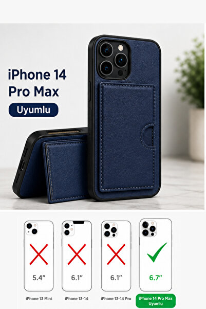 MayCap İPhone 14 Pro Max Uyumlu Standlı lacivert Kartlıklı Kılıf Kadın Erkek ...