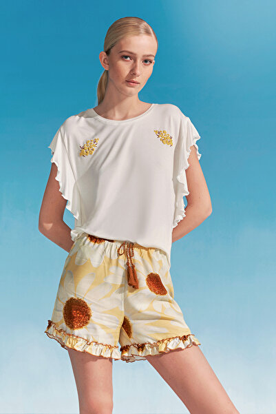 I BIZA Combed Cotton Shorts Set Ruffle Sleeves Floral Printed Ecru Top Daisy ...