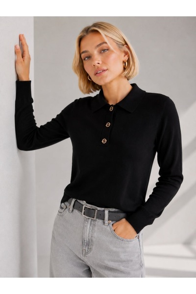 Arbucky Women's Polo Collar Gold Button Detailed Knitwear Sweater