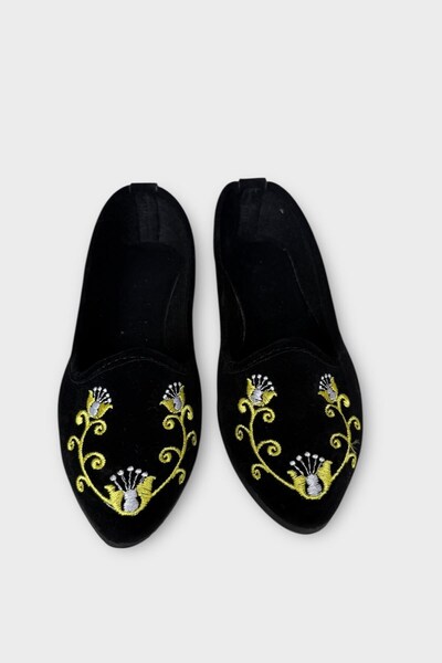 Jagulep Embroidery Detailed Home Women's Ballerina Shoes Black - Yellow