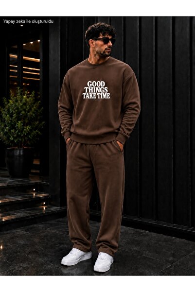 caddekombin Men's Good Things Take Time Typography Printed Crew Neck Regular ...
