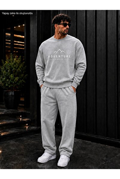 caddekombin Men's Adventure Await Mountain Patterned Typography Printed Crew ...