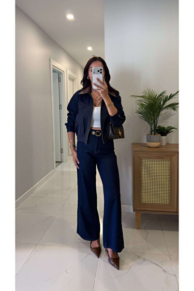 BİRCANÇİL Zella Lacivert Deri Yaka Detaylı Denim Ceket Pantolon Takım