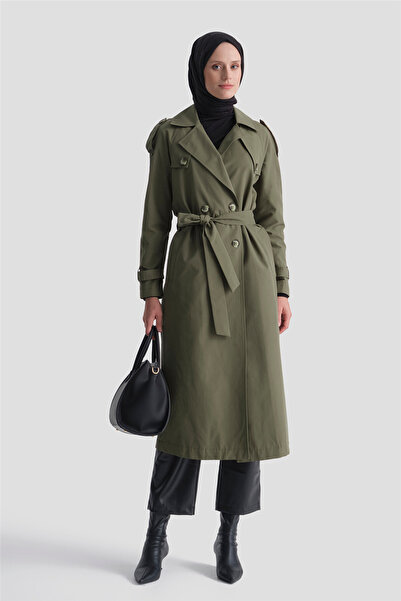 Armine Basic Long Trench Coat Khaki