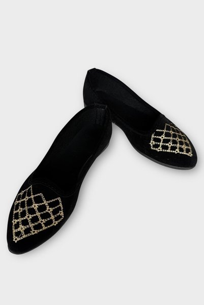 Jagulep Embroidery Detailed Home Women's Ballerina Shoes Black - Cream