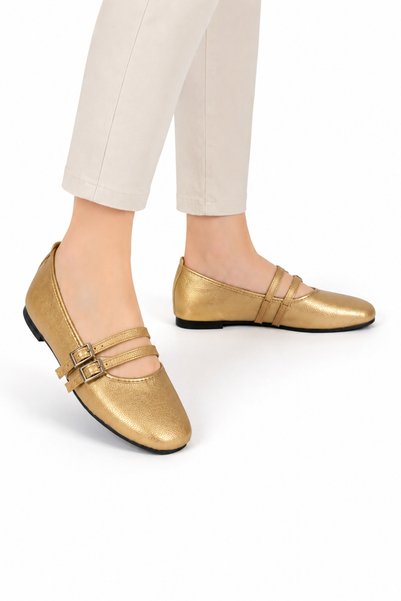 Jagulep Double-Strapped Women's Ballerina Shoes Gold
