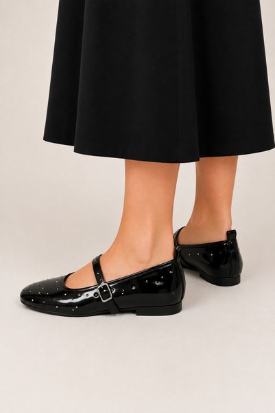 Jagulep Belted Studded Patent Leather Women's Ballerina Shoes Black