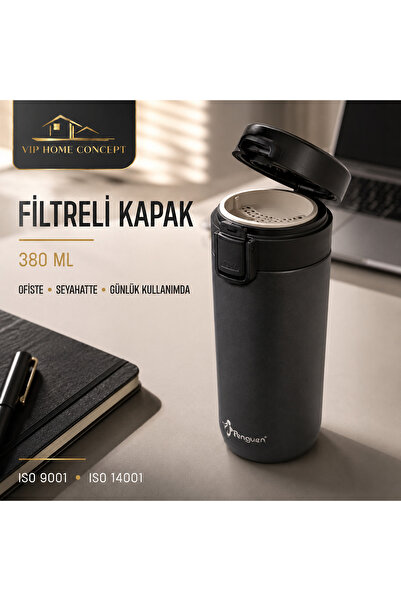 Vip Home Concept Steel Mug Flask with Filter and Lid 380 ml Black 8.5 × 19 cm