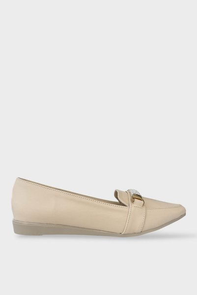Jagulep Women's Stone Detailed Pointed Toe Ballerina Shoes Beige