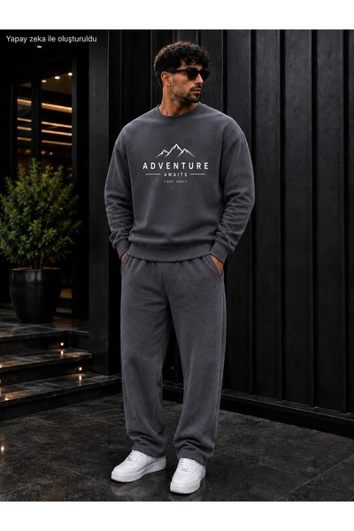 caddekombin Men's Adventure Await Mountain Patterned Typography Printed Crew ...