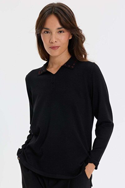Desen Triko Women's Polo Collar Beaded Embroidered Lycra Blouse Black