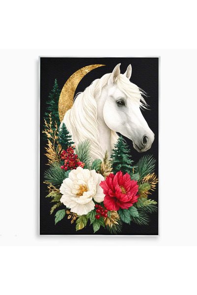 Luxcanva Tablou Canvas Cal Alb Cu Flori 40x60 cm cu Rama Argintiu Cal Flori N...