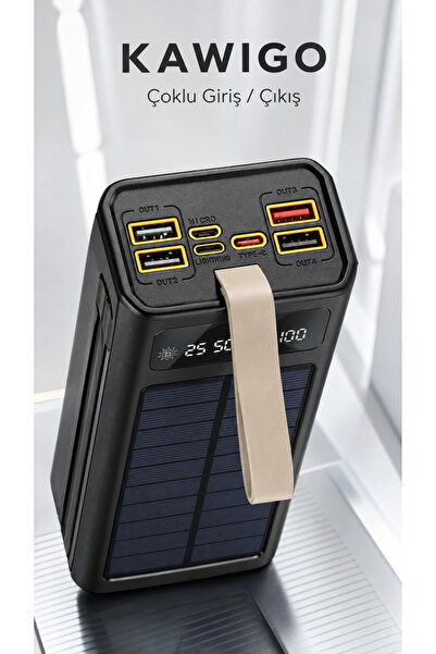 kawigo 30.000 mAh Solar Powerbank Güneş Enerjili Powerbank Hızlı Şarj Destekli Entegre Kablolu LED Powerbank