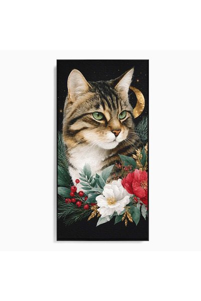Luxcanva Tablou Canvas Pisica Sub Luna 60x120 cm cu Rama Negru Pisica Luna Flori