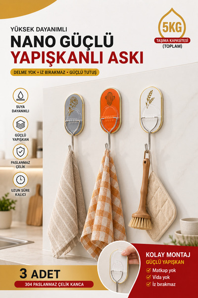Ekostem Mutfak - Banyo Düzenleyici Yapışkanlı Askı 3 Adet