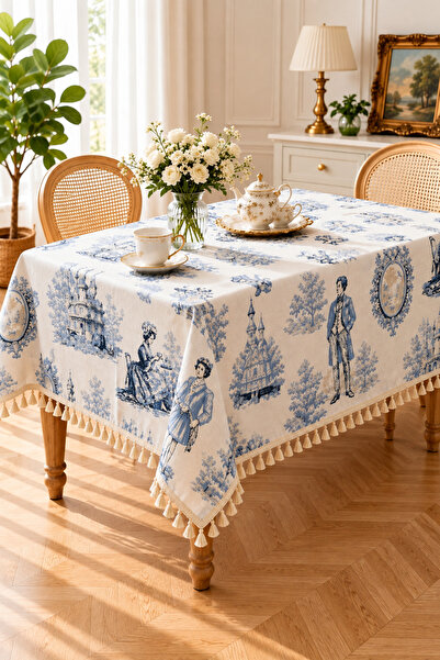Luxoras Home Mavi Fransız Şato Desenli Duck Kumaş Püsküllü Masa Örtüsü