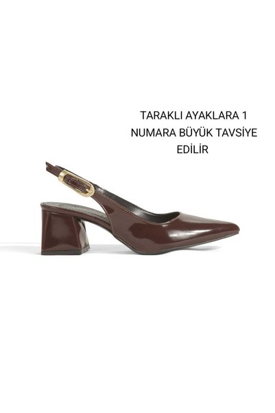 Y ESMA Brown Patent Leather Pointed Toe with Open Back Large Buckle 5cm Covered Heel New Season