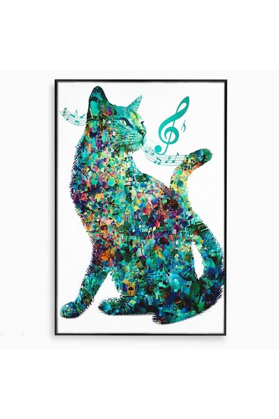 Luxcanva Tablou Canvas Pisica Muzicala 40x60 cm cu Rama Negru Pisica Muzica A...