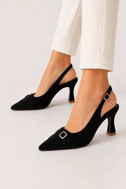 Jagulep Sandale cu toc din satin cu cataramă pentru femei (6 cm) NEGRU