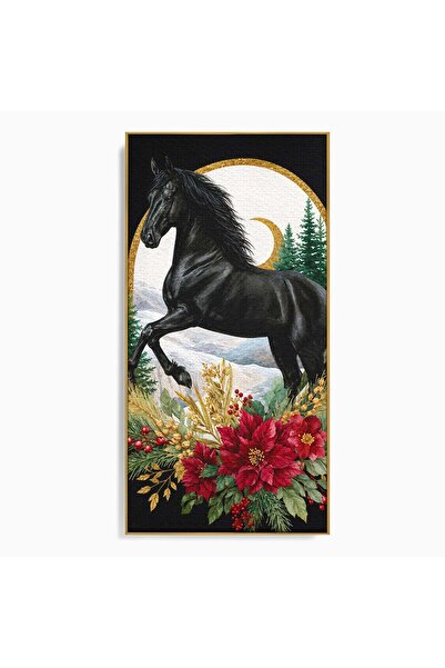 Luxcanva Tablou Canvas Cal Negru Majestic 70x140 cm cu Rama Auriu Cal Natura ...
