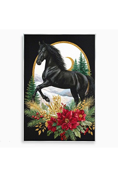 Luxcanva Tablou Canvas Cal Negru Majestic 40x60 cm cu Rama Argintiu Cal Natur...