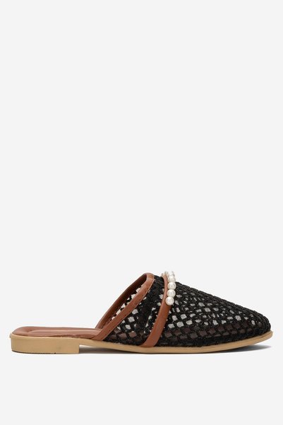 Jagulep Women's Pearl Belted Mesh Slippers Black