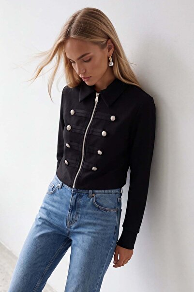 Trend Alaçatı Stili Kadın Siyah Düğme Detaylı Blazer Ceket Alc-X15660