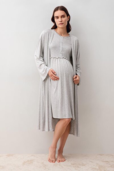 Artış Long Sleeve Buttoned Lycra Viscose Maternity Dressing Gown Nightgown Set