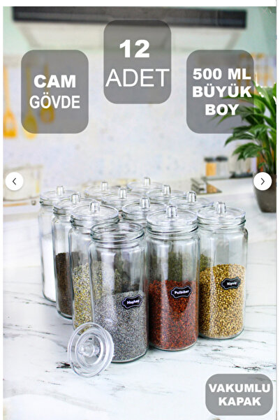 Denizcan Home 12 Adet Vakum Kapaklı Büyük Boy Cam Baharatlık Seti 500 ML