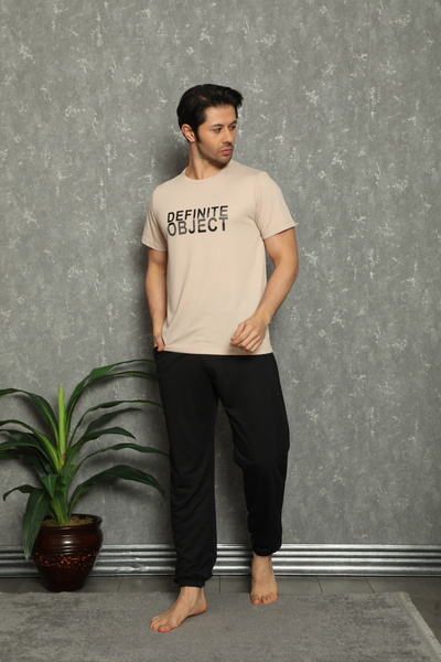 I BIZA Two Threaded Tracksuit Set Printed Beige T-Shirt Black Jogger Pants Me...