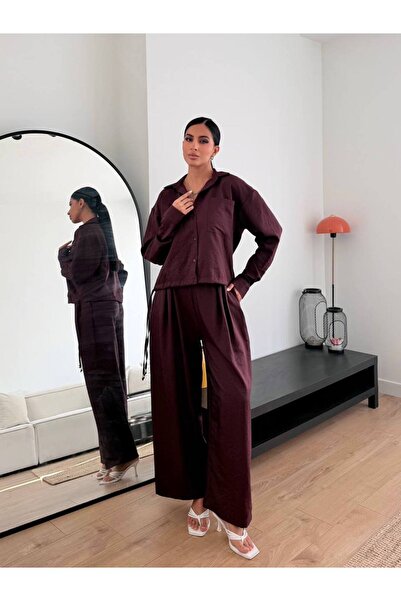 FLOWERİNG Women's Plum Belted Shirt and Pants Two-Piece Set