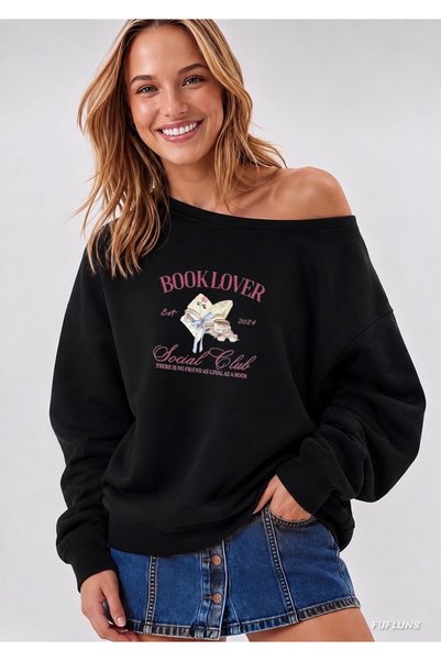 FUFLUNS Book Lover Printed Oversized Women's Boat Neck Sweatshirt
