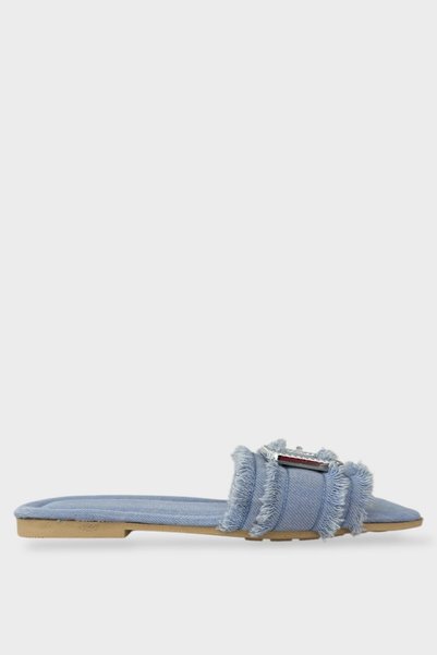 Jagulep Women's Tassel Detail Buckle Denim Slippers Blue