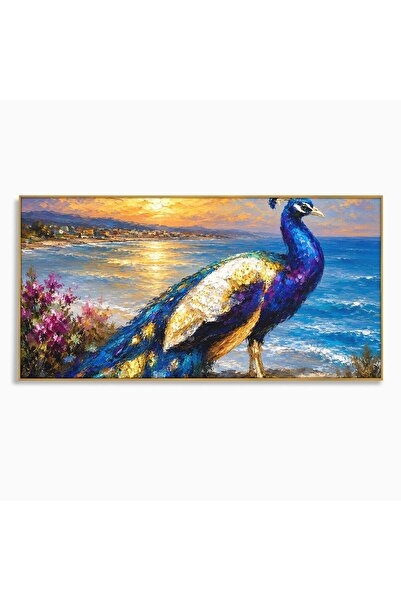 Luxcanva Tablou Canvas Paun La Apus 140x70 cm cu Rama Auriu Paun Apus Mare