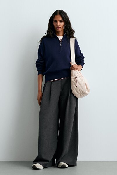 Oysho Cotton piqué wide-leg trousers