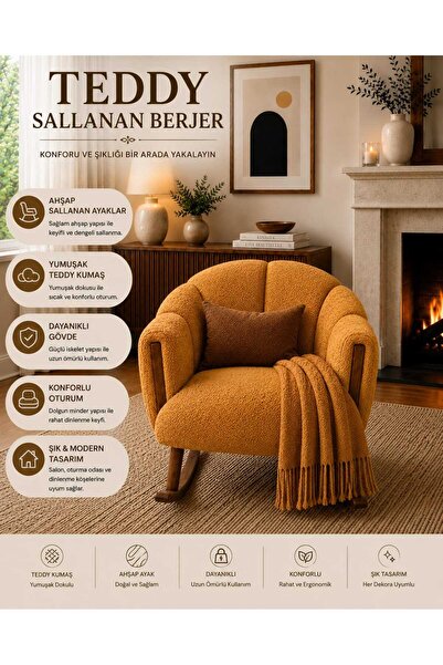 DEKOZUM ALESSA Berjer Ahşap Ayaklı Sallanan Koltuk Salon Balkon Koltuk Teddy ...