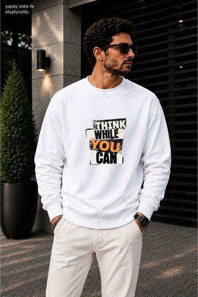 caddekombin سويت شيرت رجالي مطبوع عليه شعار Think While You Can مطبوع عليه جر...