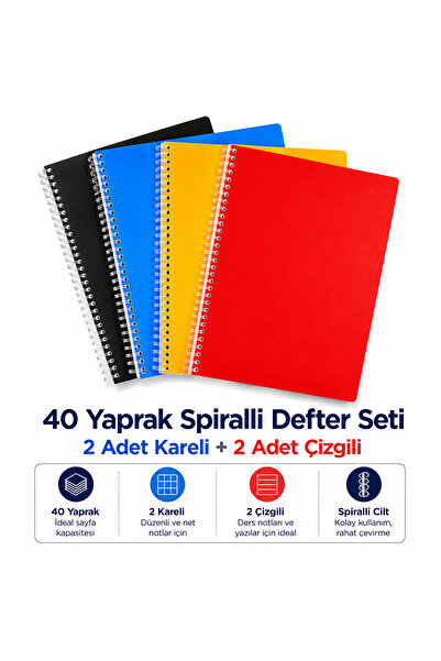 ADASRA 40 Yaprak Spiralli Defter Seti – 2 Adet Kareli + 2 Adet Çizgili