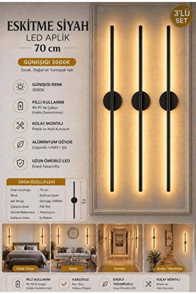 Betül Home Design Siyah Gün Işığı 70 cm Led Duvar Aplik 3 Adet Tekli | Pilli,...