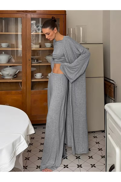 Machetta Kadın Nefes Alabilen Rahat Kumaş 3 Parça Gecelik Pijama Takımı